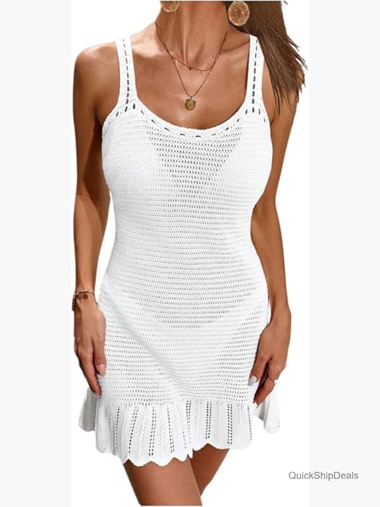 Crochet Knit Sleeveless Ruffle Bathing Suit Cover Up Tank Dress